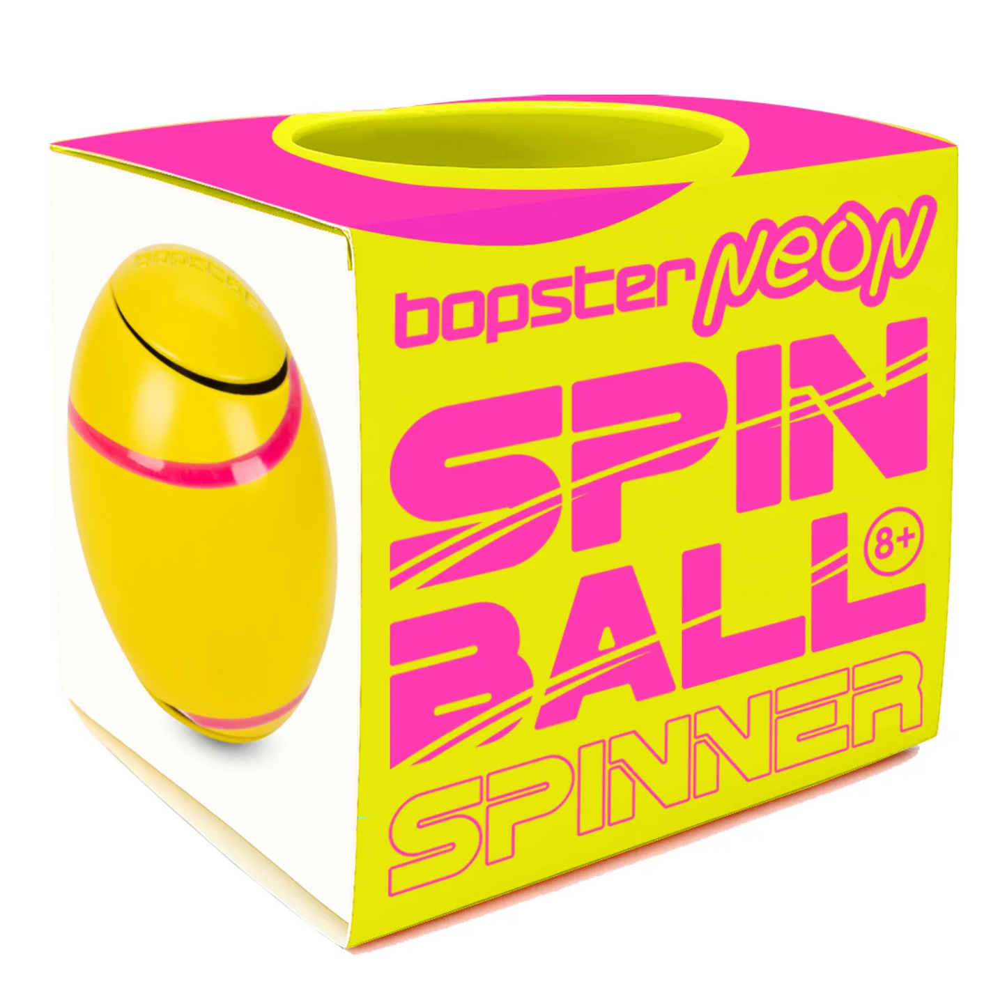 Yellow and pink spinner with packaging on a white background. Bopster Brand