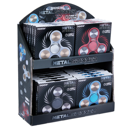 Display of metal spinner products with packaging on a white. Bopster