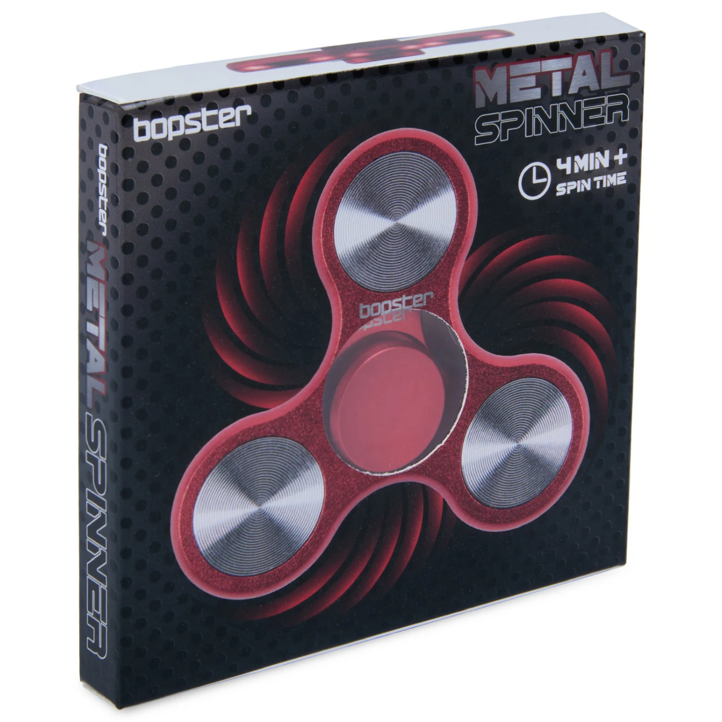 Box of a metal spinner with red and silver design, featuring the brand 'bopster'.