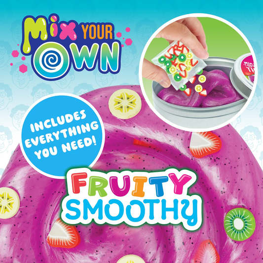 Slime packaging with text 'Mix Your Own Fruity Smoothy' and a hand adding slime to a container. Crazy_Aaron_s_Thinking_putty_fruity_smoothie_2