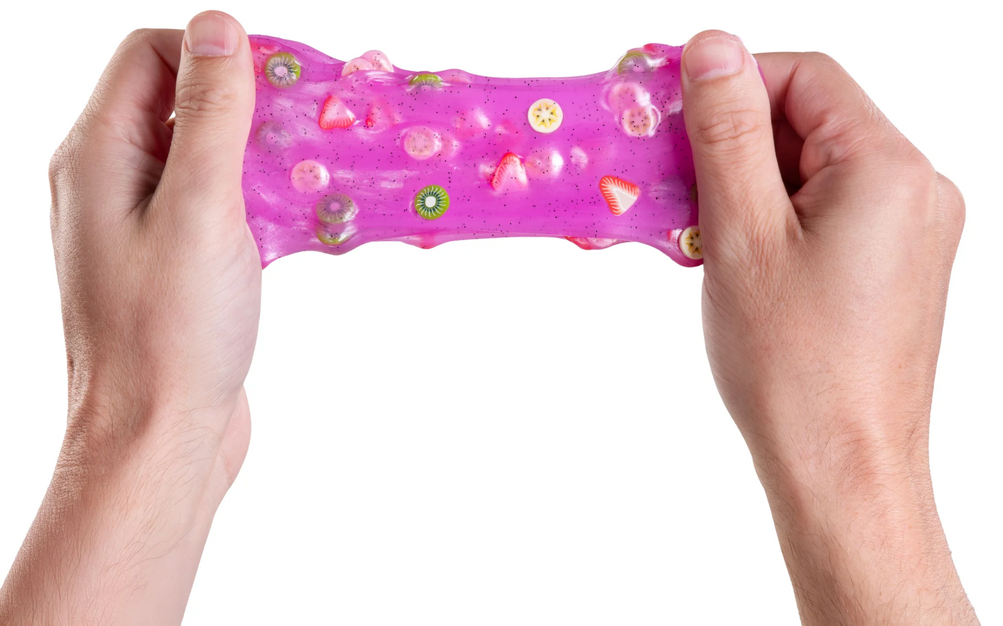 Pink fidget toy with colorful beads held between two hands on a white background. Crazy_Aaron_s_Thinking_putty_fruity_smoothie_8