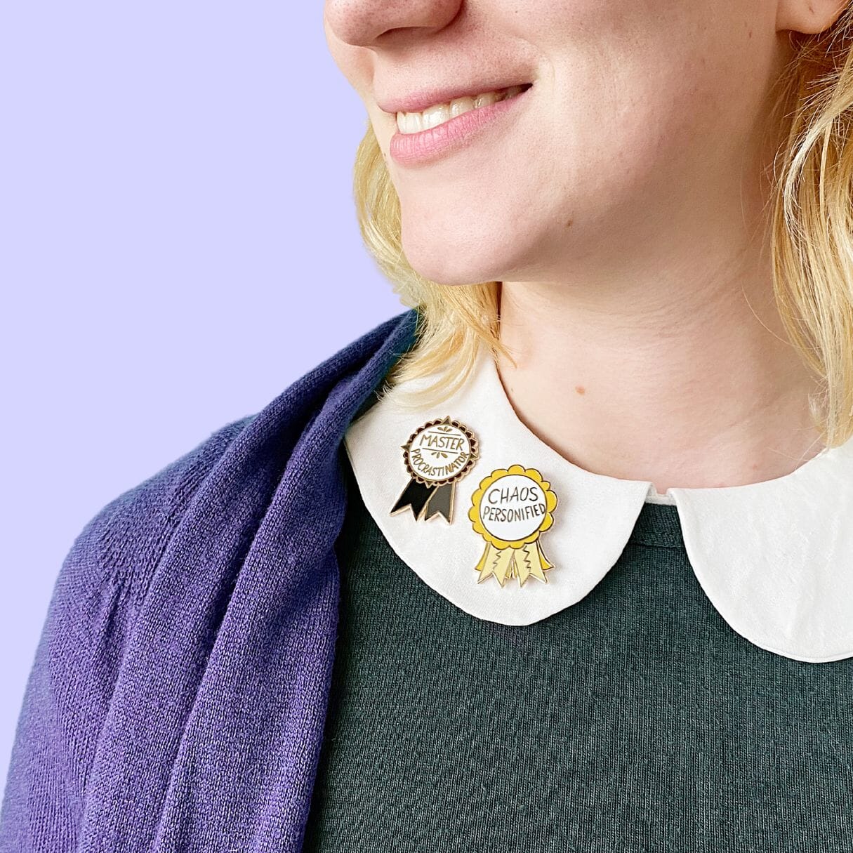 Jubly_Umph_Chaos_Personified_Lapel_Pin_on_collar