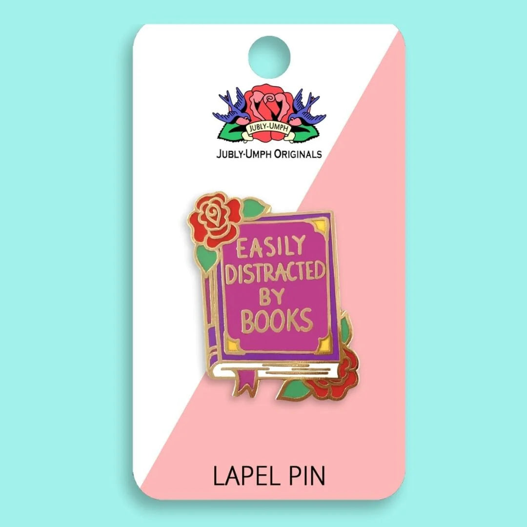 Jubly_Umph_Easily_Distracted_By_Books_Lapel_Pin_on_aqua_card_backing