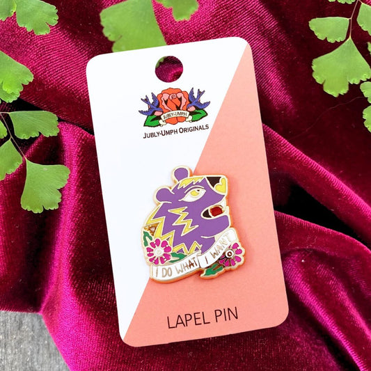 Jubly_Umph_i_do_what_i_want_lapel_pin_on_backing