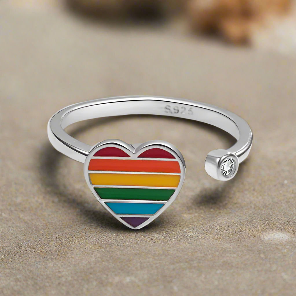 White Gold Rainbow Heart Spinning Anxiety Ring