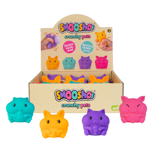 Display box of Smooshos crunchy pets with colorful animal-shaped toys on a white background. SQUEEZEY_CRUNCHY_PETS_smooshos