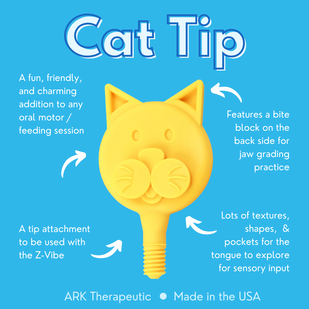 Yellow cat-shaped attachment with text on a blue background. ARK_Cat_Tip_for_the_Z-Vibe_features