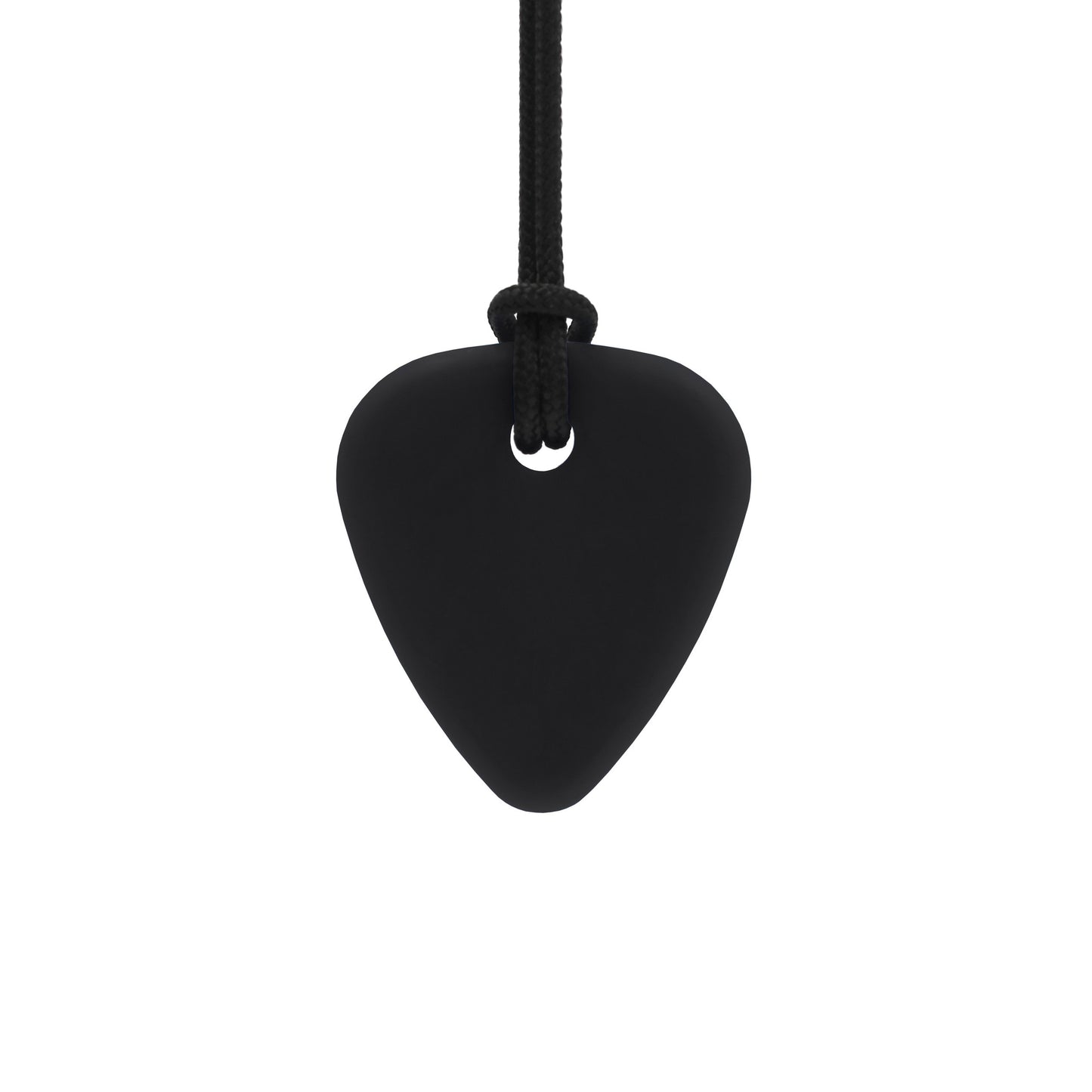 A matte black silicone guitar pick pendant hanging from a black braided cord on a solid white background. ARK_Guitar_Pick_Small_thin_Chew_Necklace_black_medium