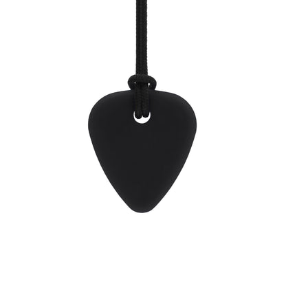 A matte black silicone guitar pick pendant hanging from a black braided cord on a solid white background. ARK_Guitar_Pick_Small_thin_Chew_Necklace_black_medium