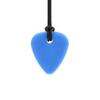 A bright blue guitar pick pendant hanging from a black cord on a solid white background. ARK_Guitar_Pick_Small_thin_Chew_Necklace_blue_extra_tough