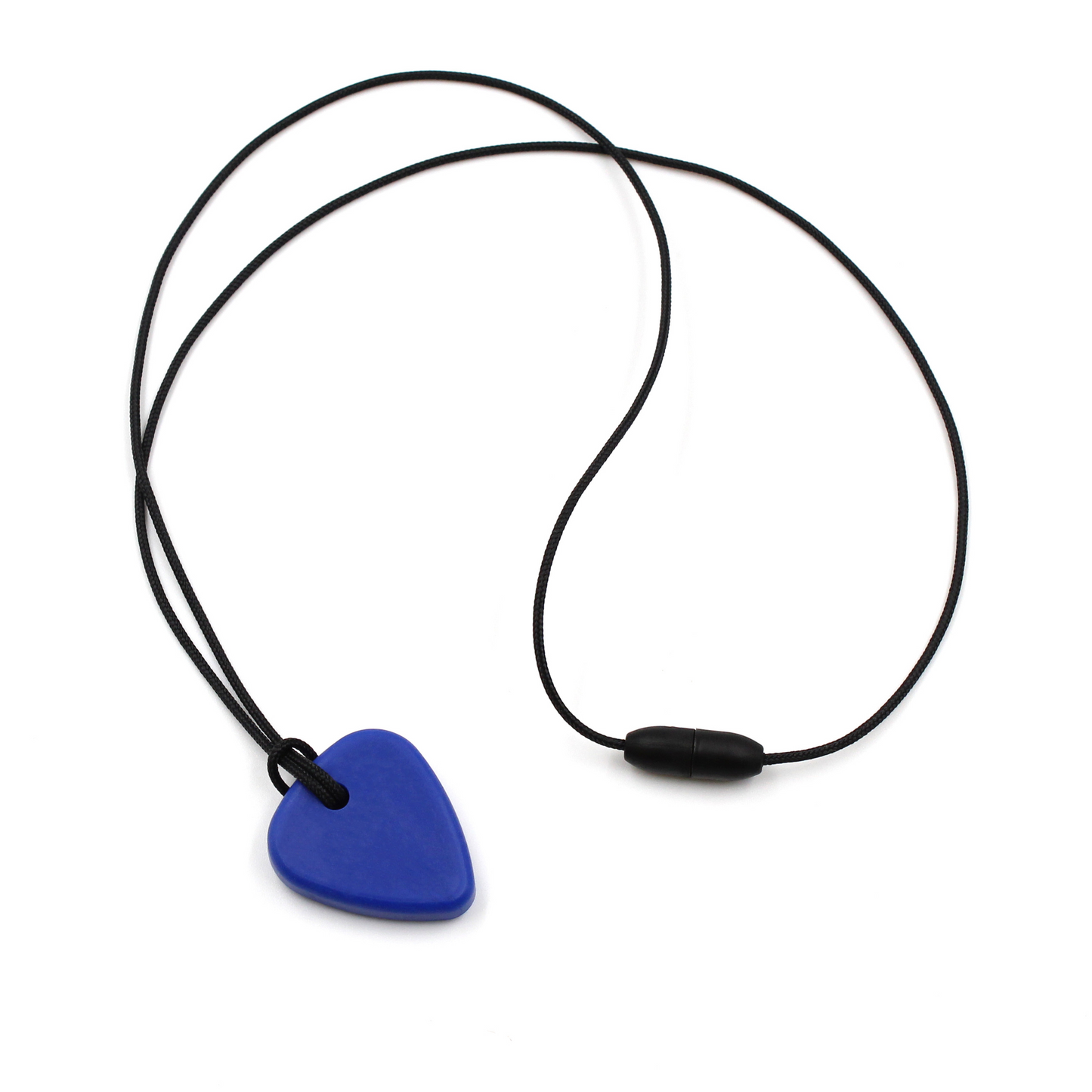 A blue guitar pick pendant necklace on a black cord, displayed on a clean white background. ARK_Guitar_Pick_Small_thin_Chew_Necklace_dark_blue_with_cord_b