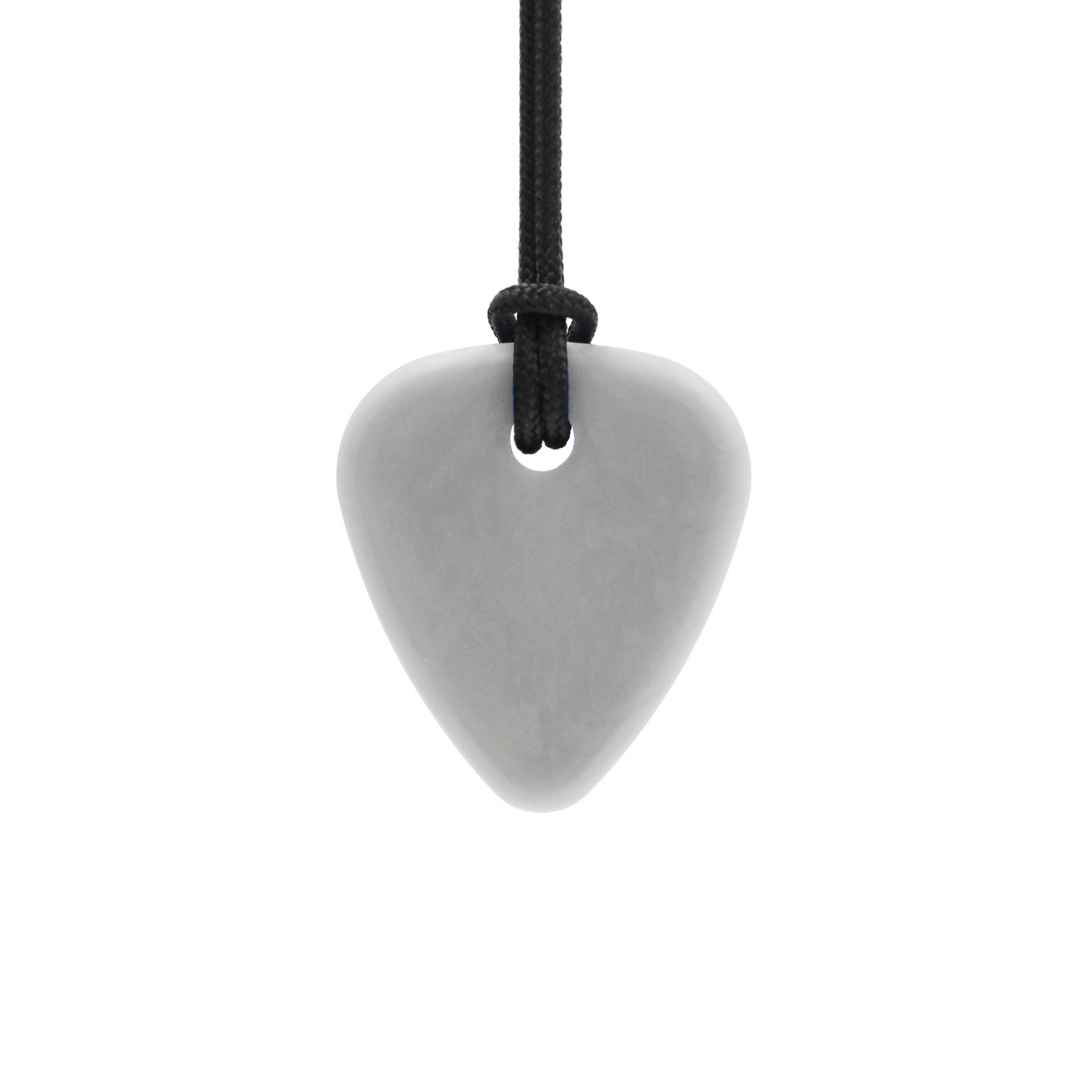 A light gray, guitar-pick-shaped pendant with a smooth matte finish, suspended from a black cord against a solid white background. ARK_Guitar_Pick_Small_thin_Chew_Necklace_light_grey_standard