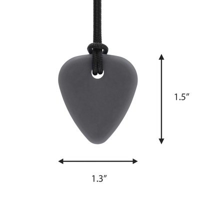 A dark gray guitar-pick-shaped pendant on a black cord, shown with dimension arrows and labels indicating 1.3 inches wide and 1. ARK_Guitar_Pick_Small_thin_Chew_Necklace_shape_and_size_