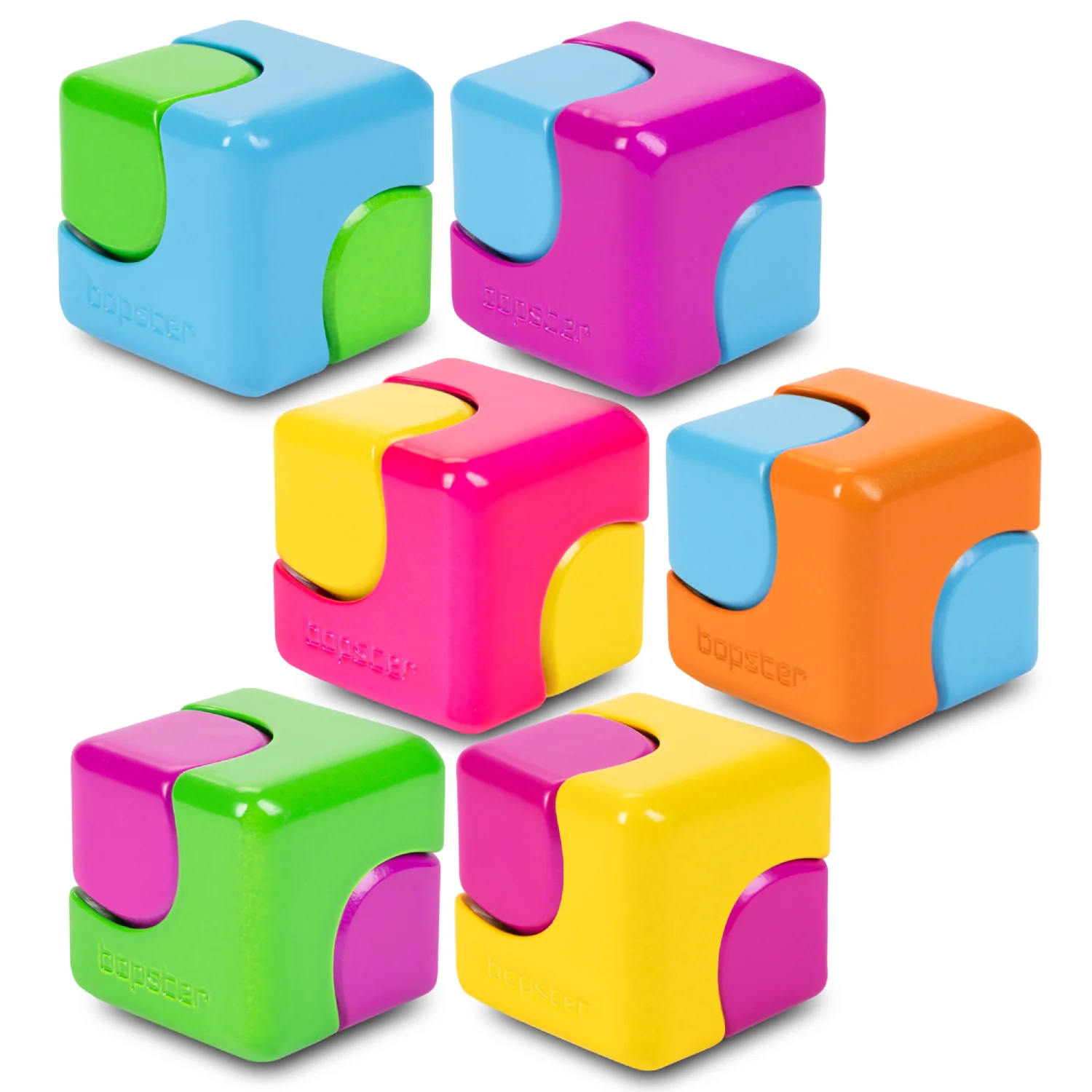 Six colorful cube-shaped puzzle toys arranged on a plain white background. Each cube has three differently colored sides, and the embossed brand name 'Bopster' is visible on the faces.