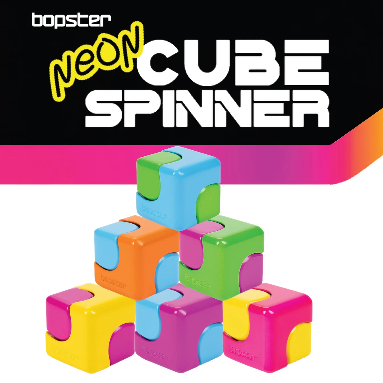 Booster Neon Cube Spinner product graphic showing a pyramid of colorful cube puzzle pieces on a white background with a black header and the product title text.