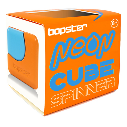 Orange packaging of a bopster neon cube spinner on a white background