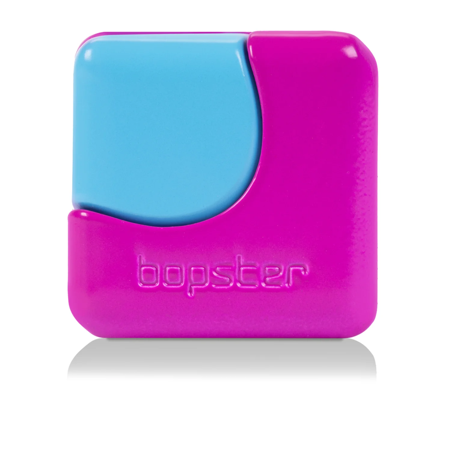 Pink and blue device with 'bopster' branding on a white background
