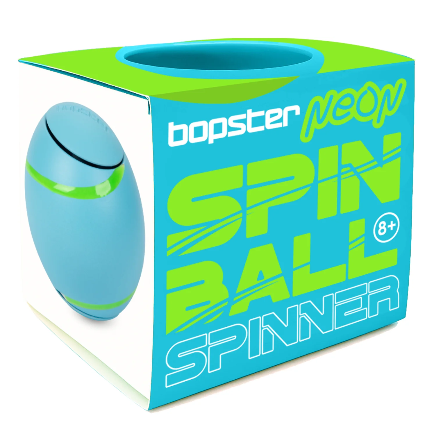 Blue and green spinner toy with packaging on a white background. Brand- Bopster 