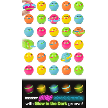 A grid of colorful neon ball toys labeled 'bopster neon SPINNERS with Glow in the Dark groove!' on a white background, with a hand holding one toy in the top left and a black demonstration panel at the bottom showing glowing effects.