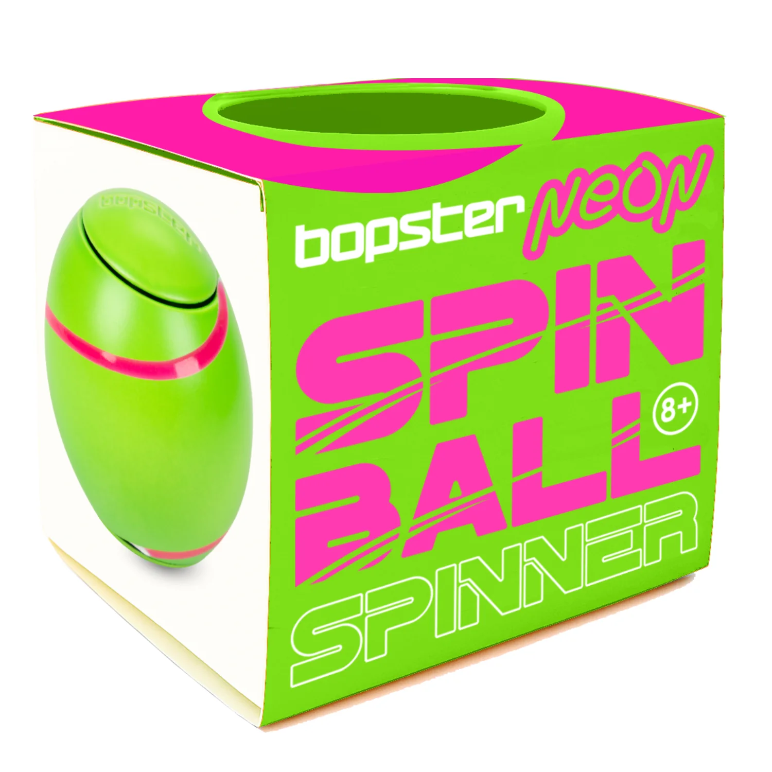 Green and pink 'bopster' spin ball spinner with packaging on a white background