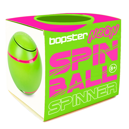 Green and pink 'bopster' spin ball spinner with packaging on a white background