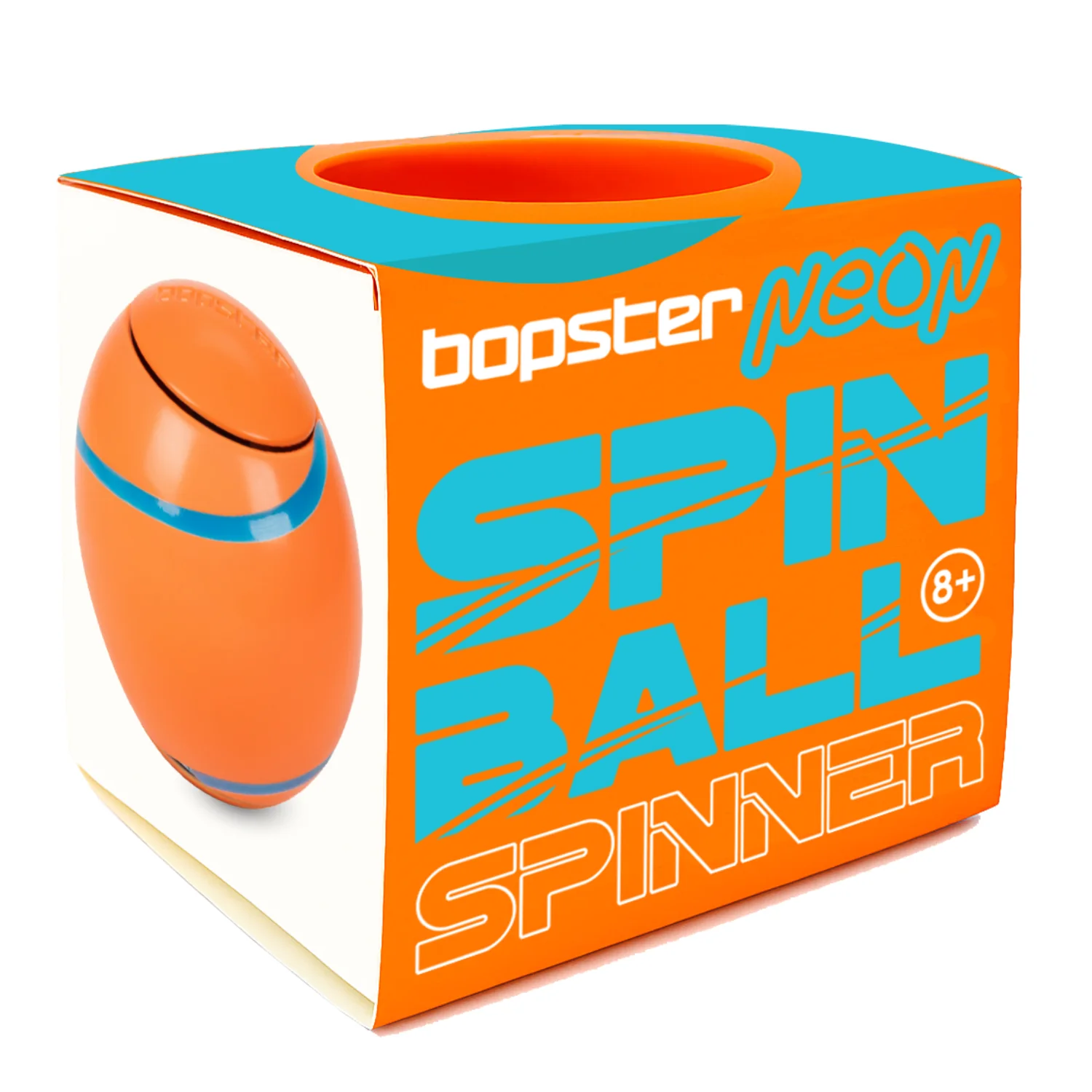Orange spin ball spinner with blue accents on an orange packaging box labeled 'bopster neon'.