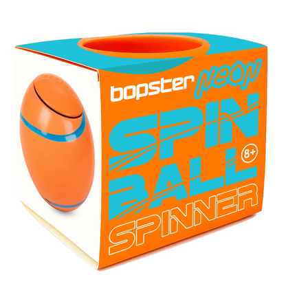 Orange spin ball spinner with blue accents on an orange packaging box labeled 'bopster neon'.