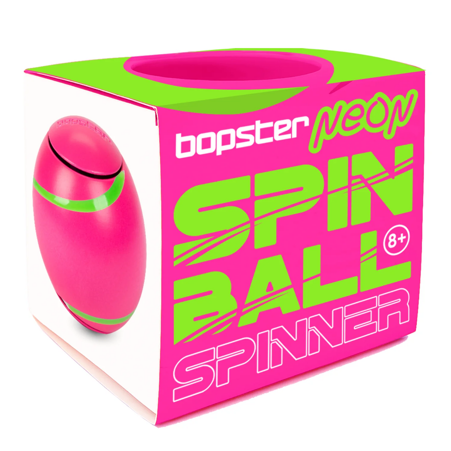 Bopster Neon Spin Ball Spinner toy in its retail packaging, featuring a bright pink and lime green color scheme with the product pictured on the side panel.