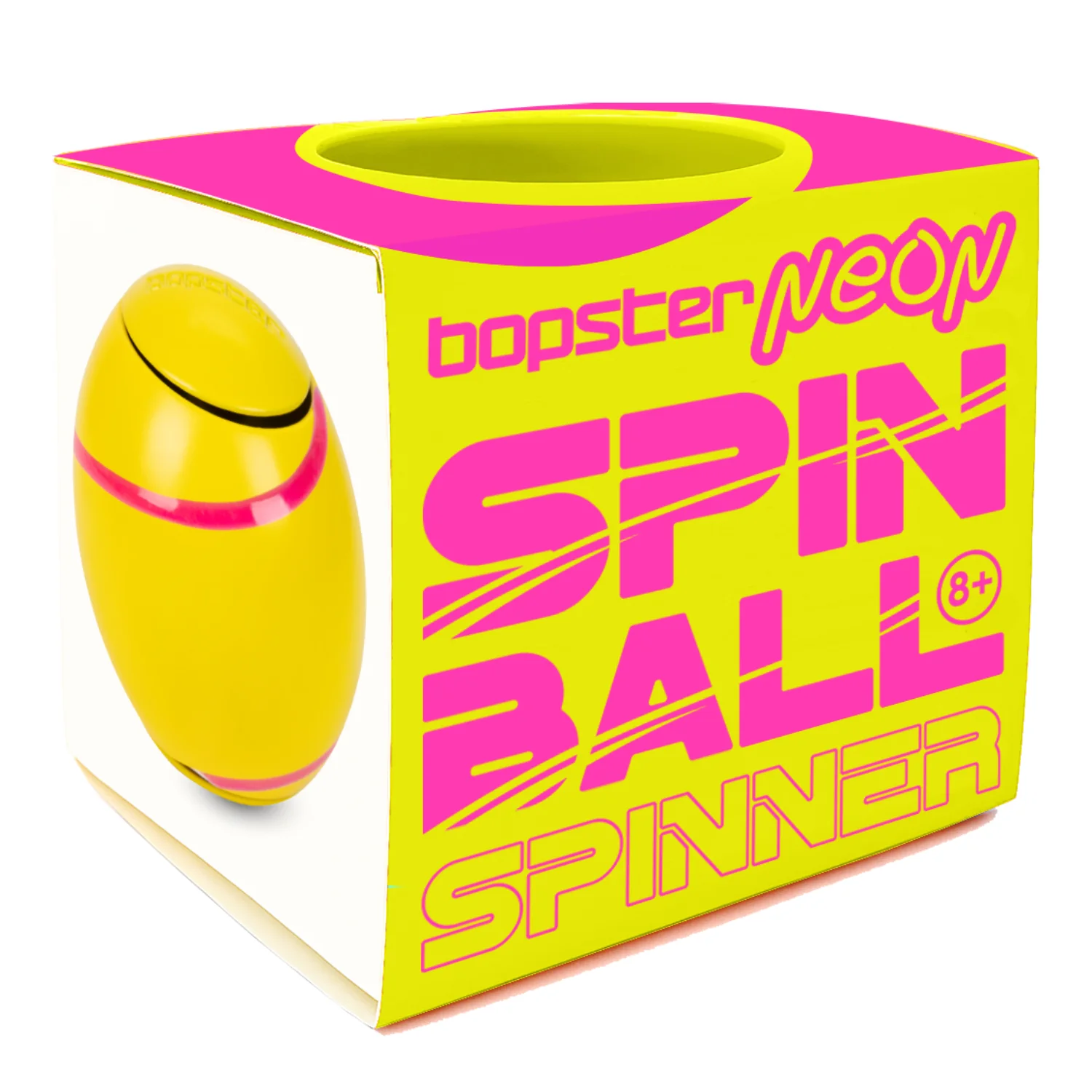 Yellow and pink spinner with packaging on a white background. Bopster Brand