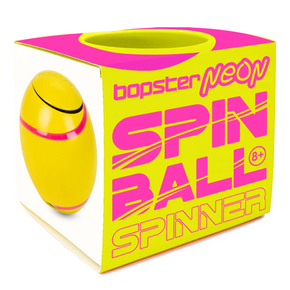 Yellow and pink spinner with packaging on a white background. Bopster Brand