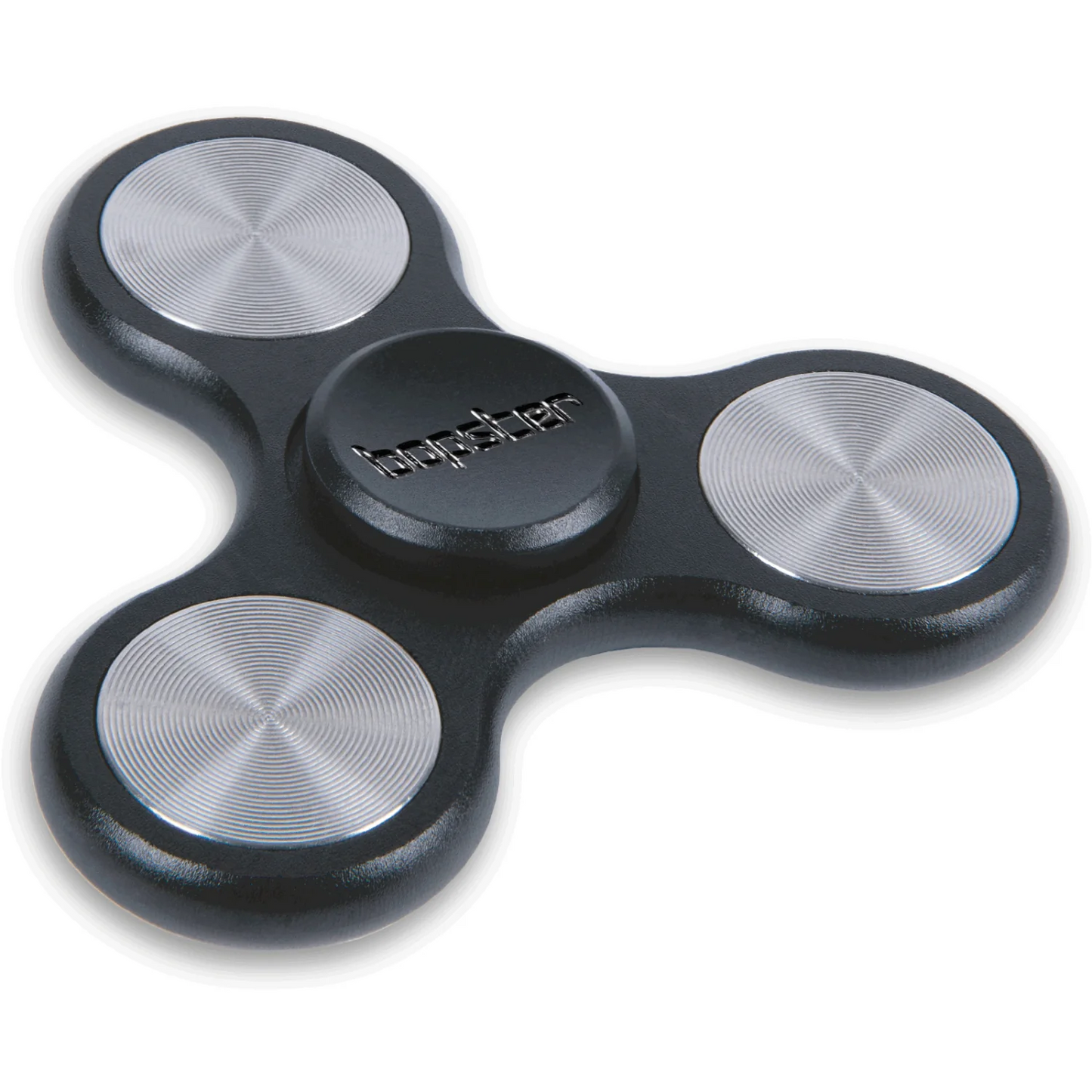 Black and silver fidget spinner on a white background. Brand-Bopster
