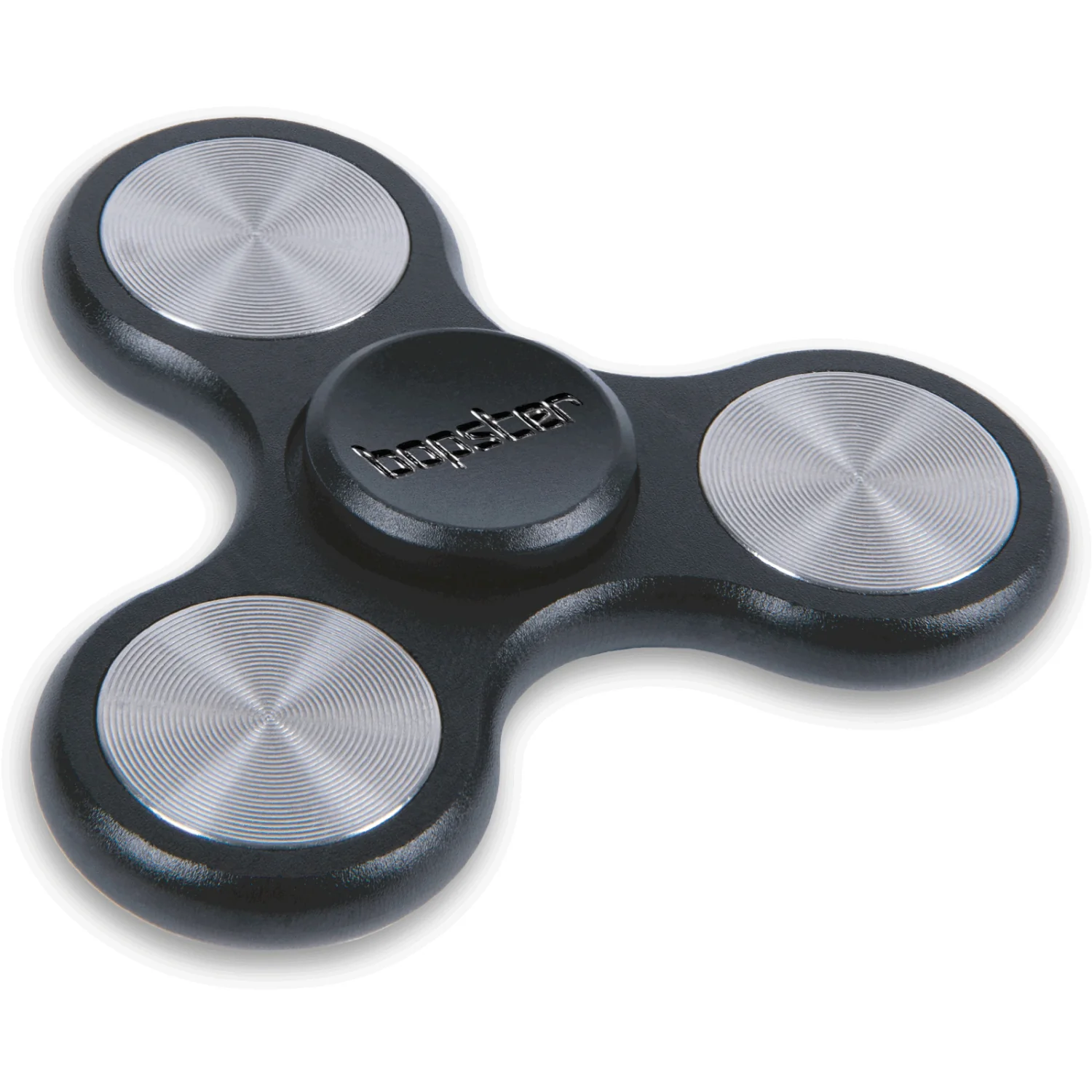 Black and silver fidget spinner on a white background. Brand-Bopster
