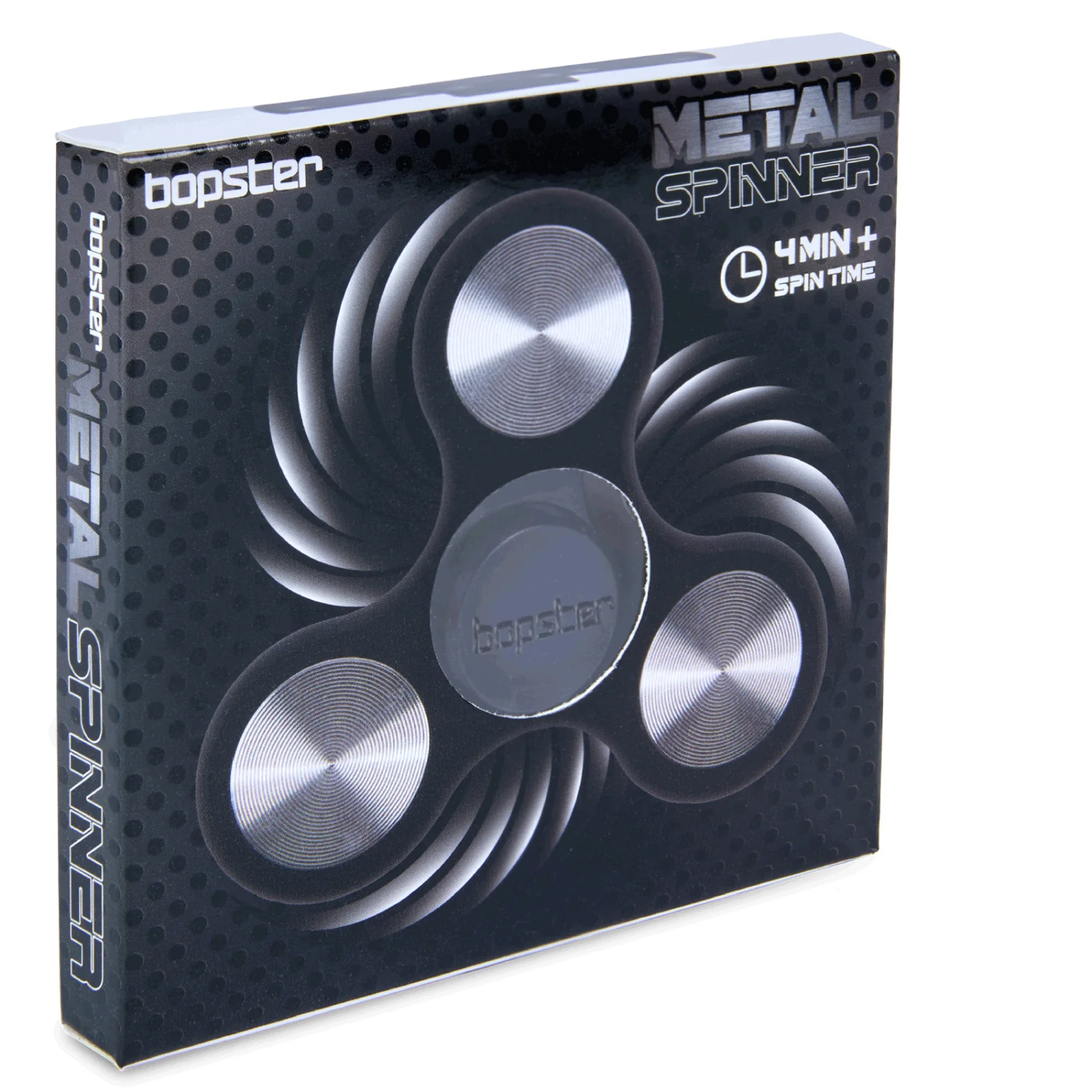 Box of a metal spinner product with 'bopster' branding on a white background