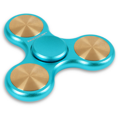 Turquoise and gold fidget spinner on a white background. Bopster Brand
