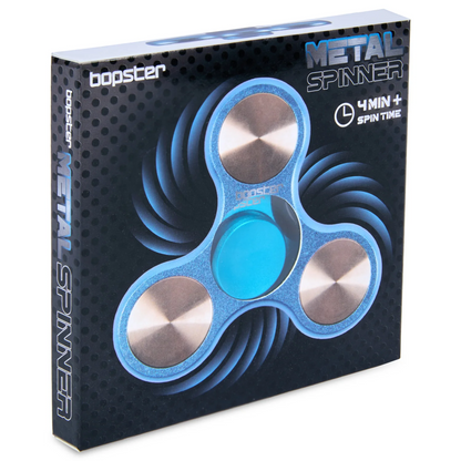 Box of a metal spinner toy with blue and silver design. Bopster.
