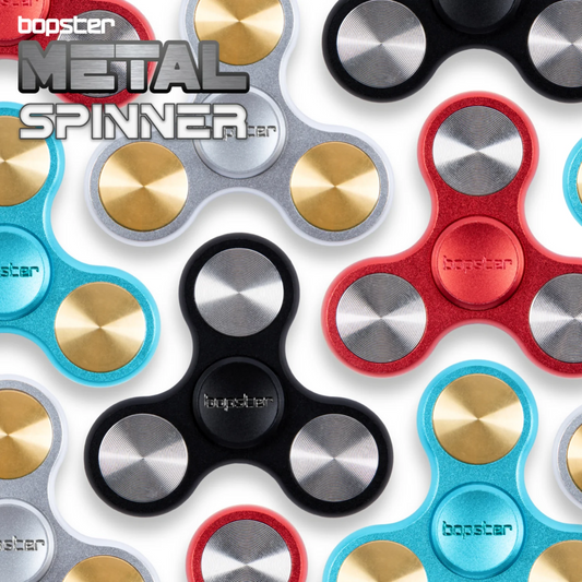Collection of colorful metal spinners with 'bopster' branding on a white background.