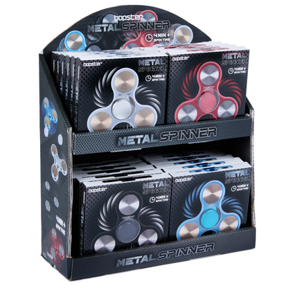 Display of metal spinner products with packaging on a white. Bopster 