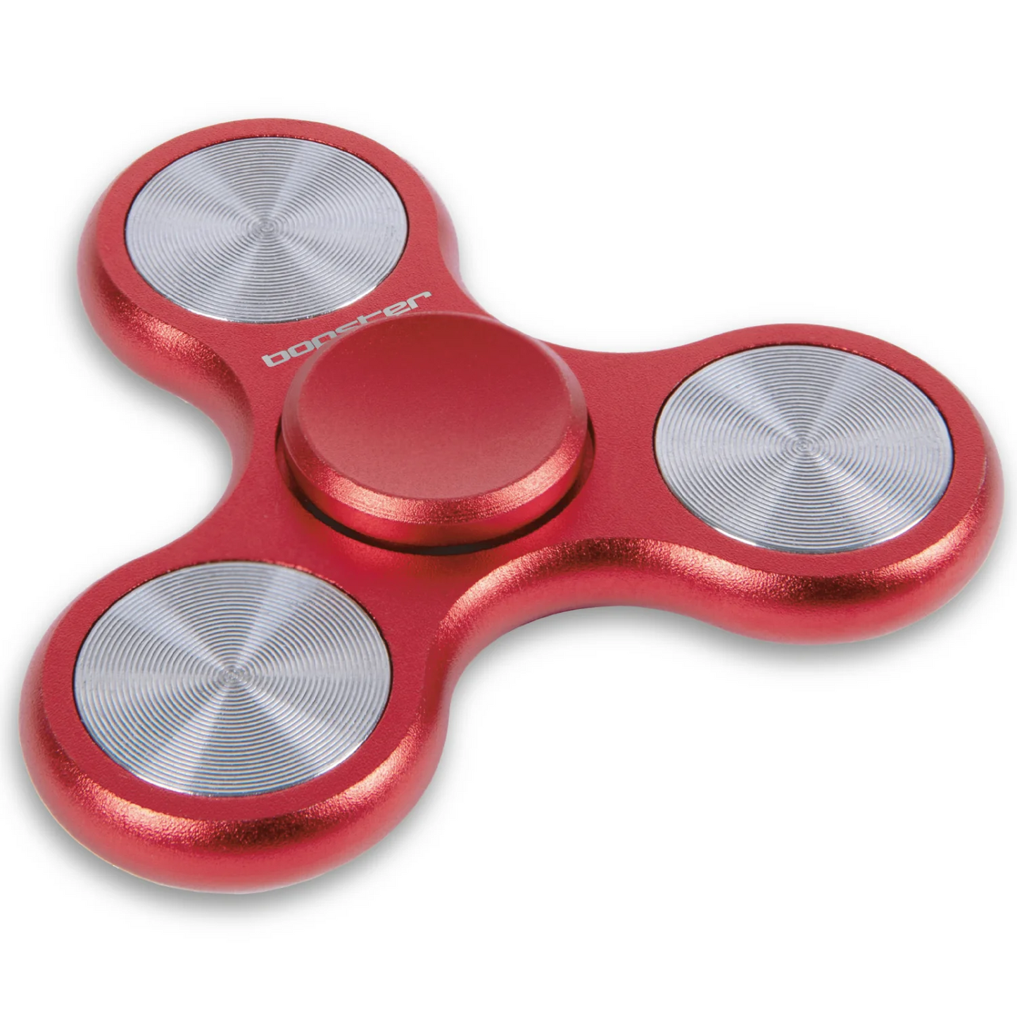Red fidget spinner with silver centers on a white background. Brand- Bopster