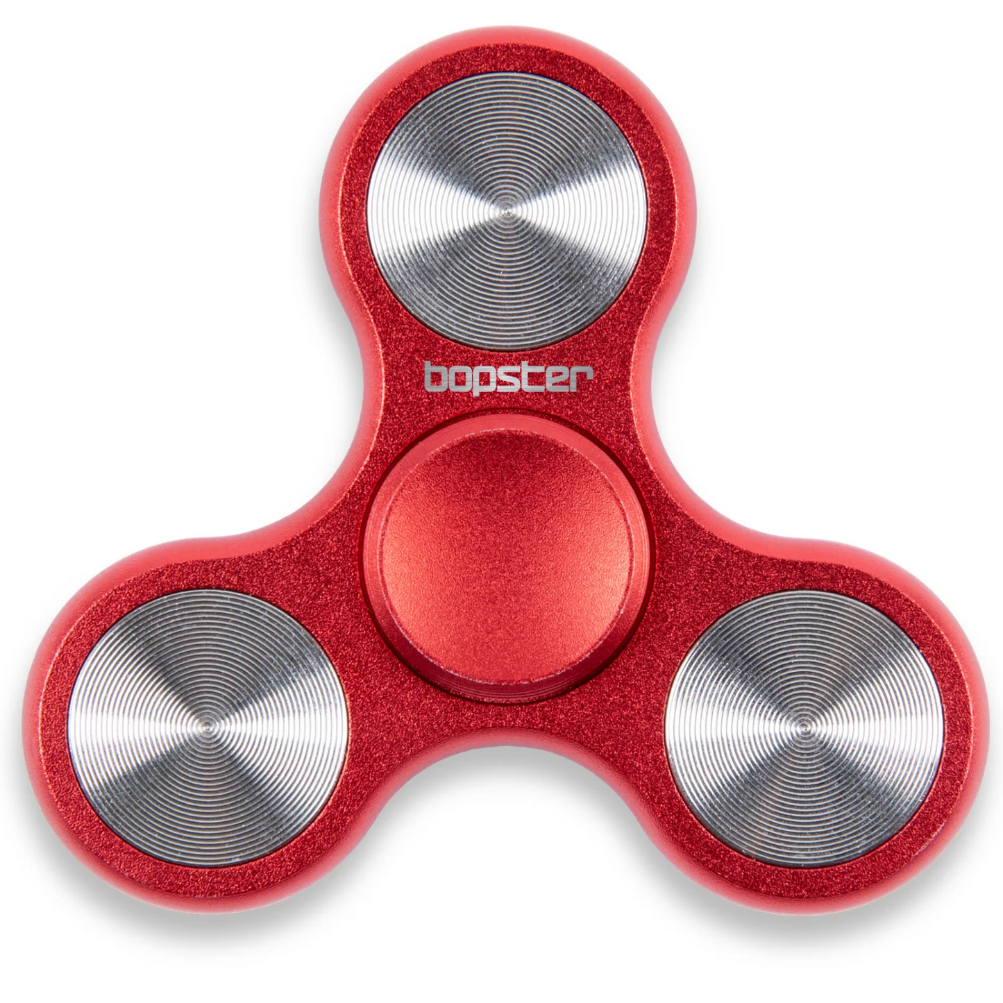 Red and silver fidget spinner with 'bopster' branding on a white background