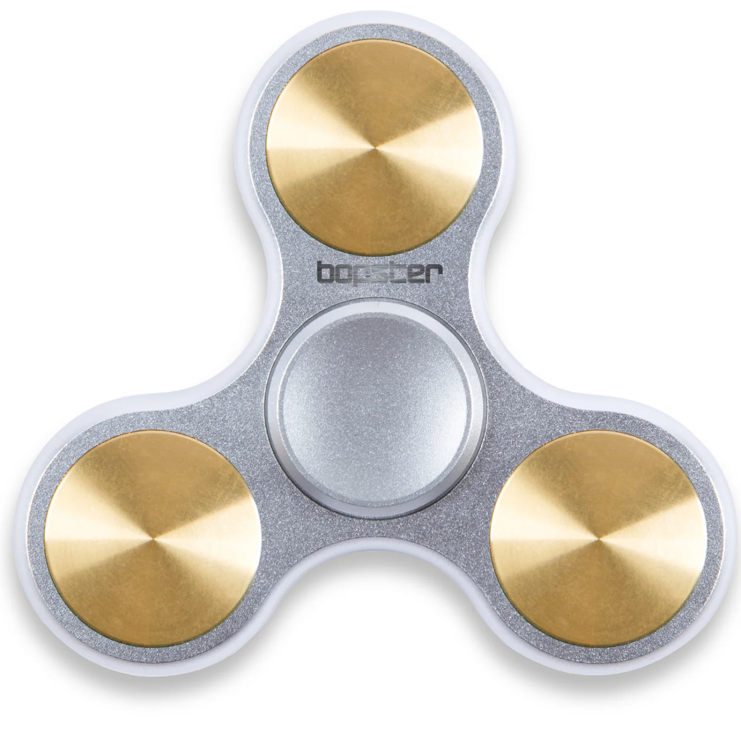 Fidget spinner with gold and silver design on a white background. Brand- Bopster