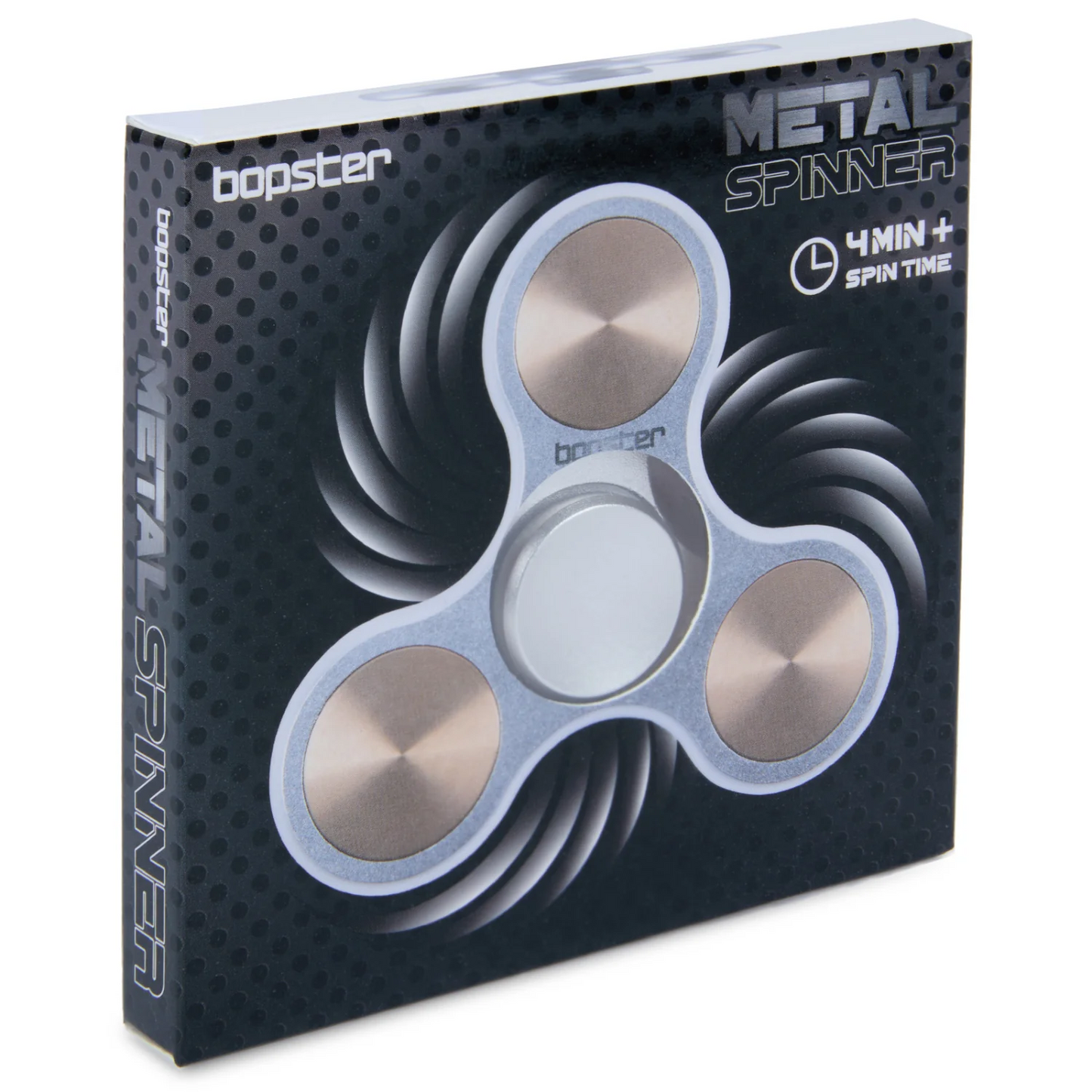 Box of a metal spinner with 'bopster' branding on a white background