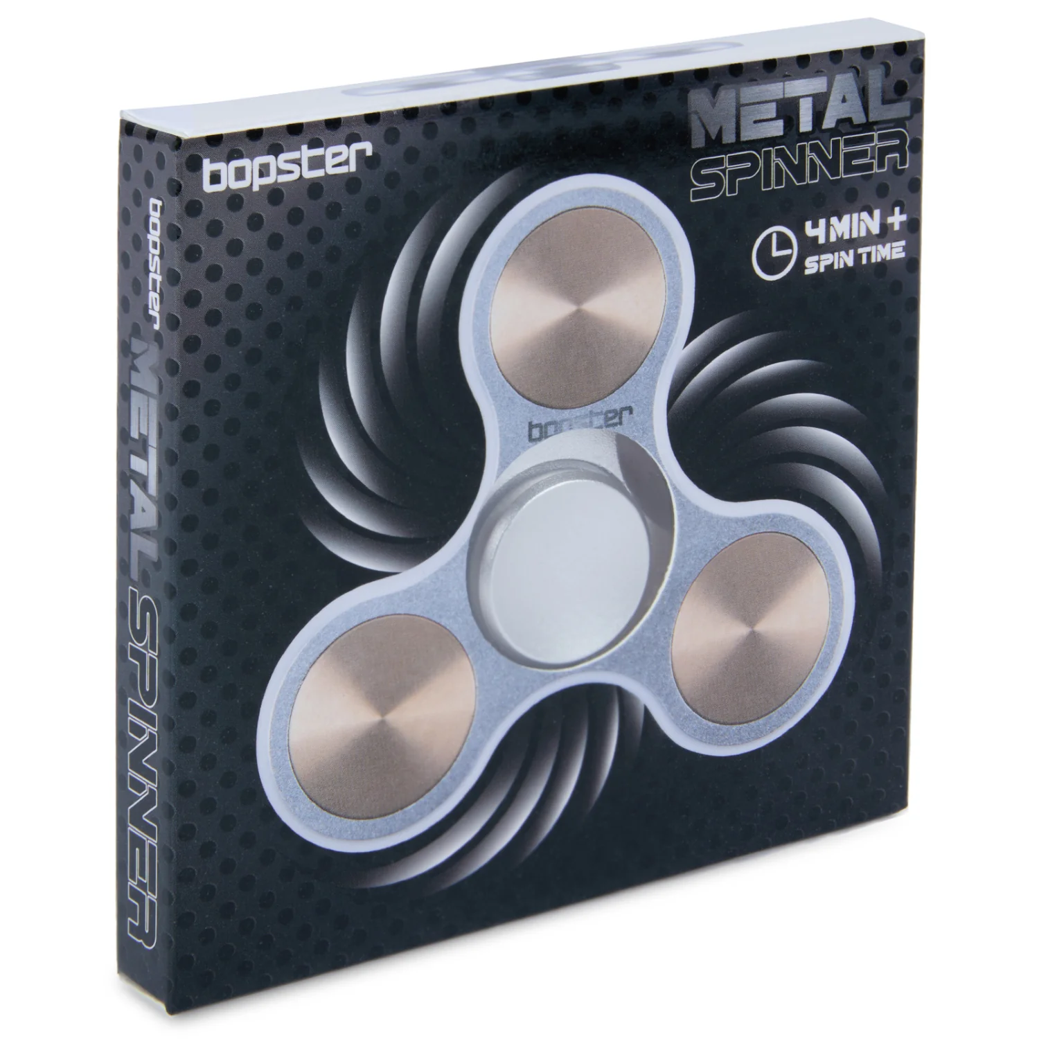 Box of a metal spinner with 'bopster' branding on a white background