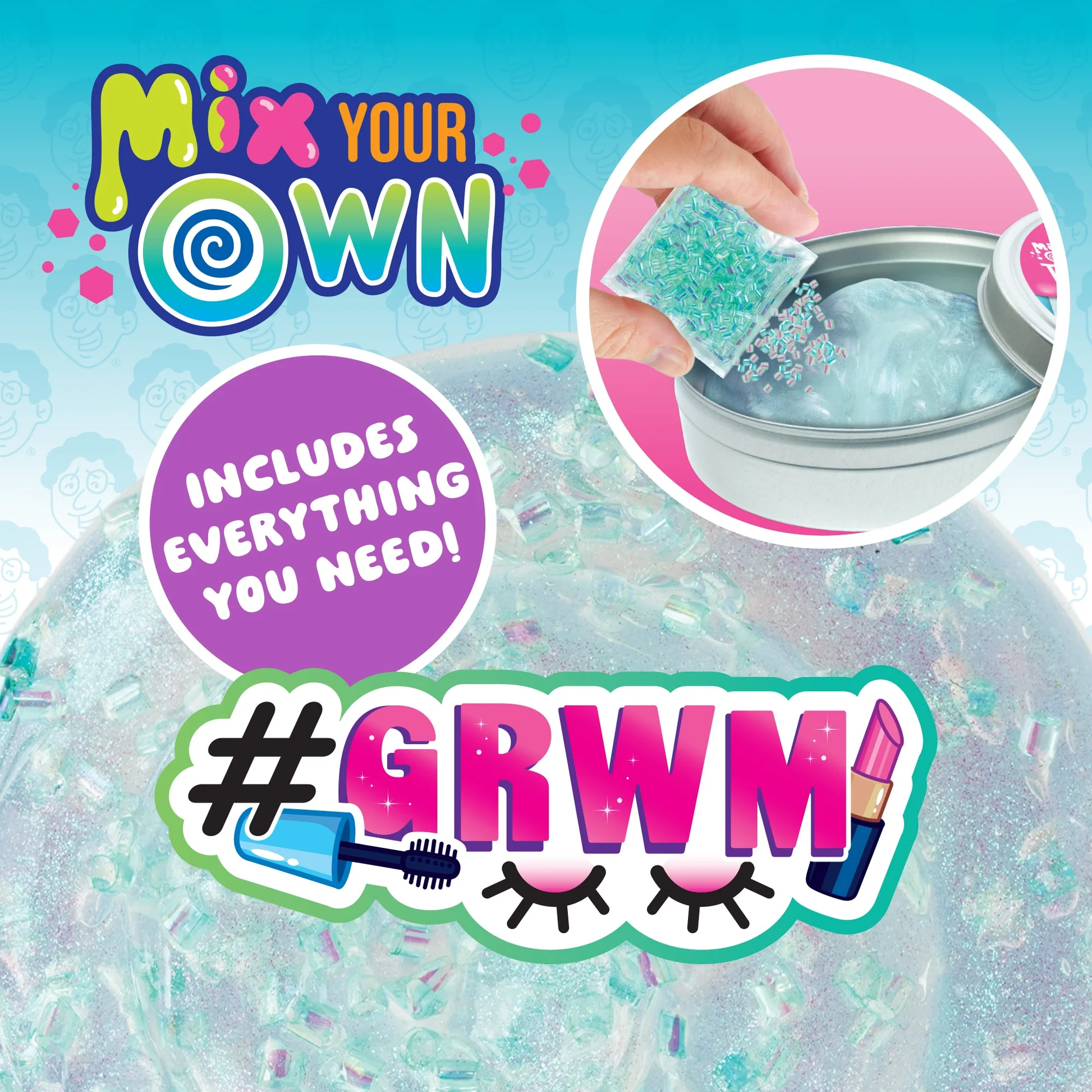 Promotional image for 'Mix Your Own' product with text and a close-up of a hand interacting with a container. Crazy_Aaaron_GRWN_THINKING_PUTTY