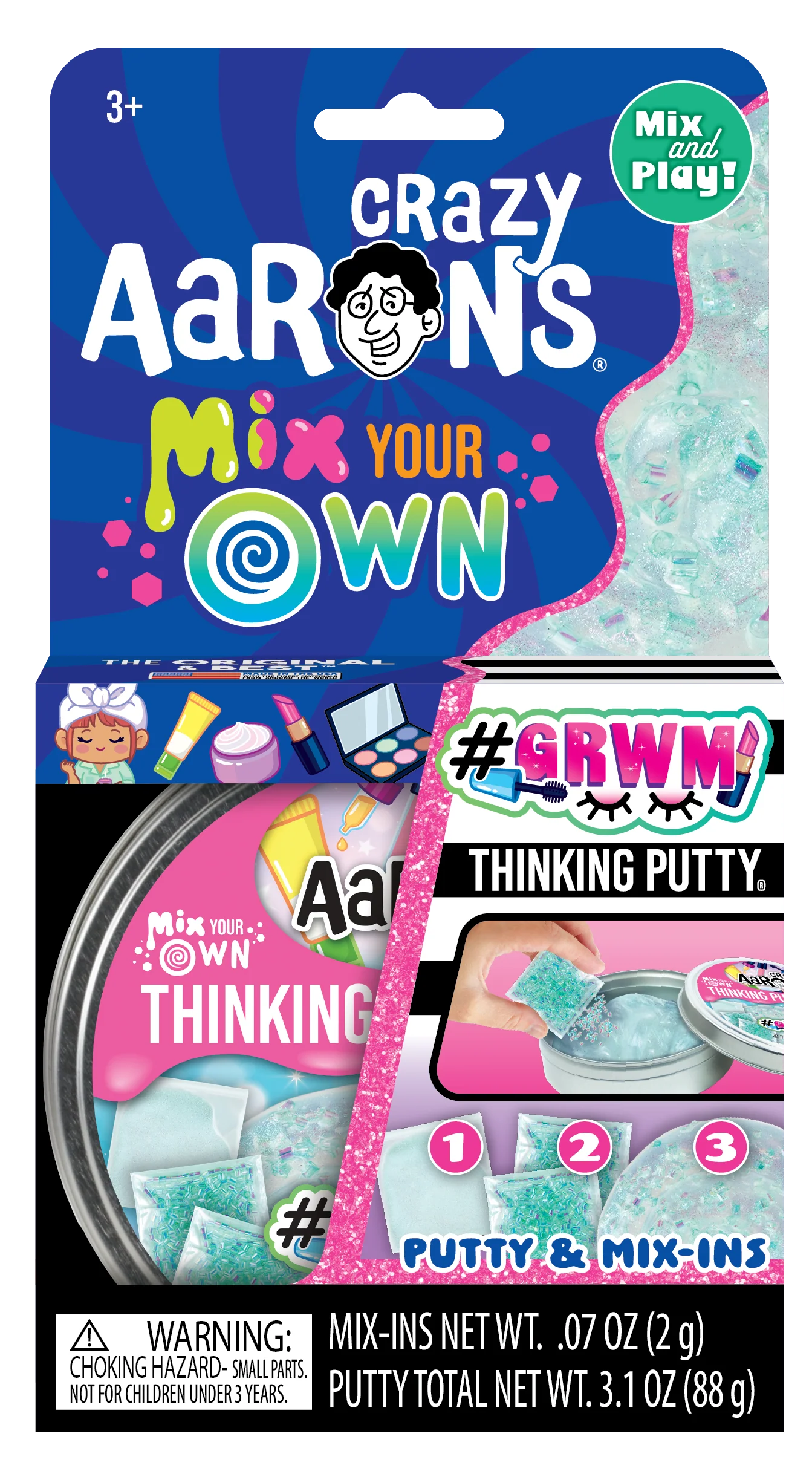 Crazy Aaron's Mix Your Own Thinking Putty and Mix-Ins packaging, featuring a colorful blue and pink design with a clear container showing light blue putty pieces inside. Crazy_Aaaron_GRWN_THINKING_PUTTY