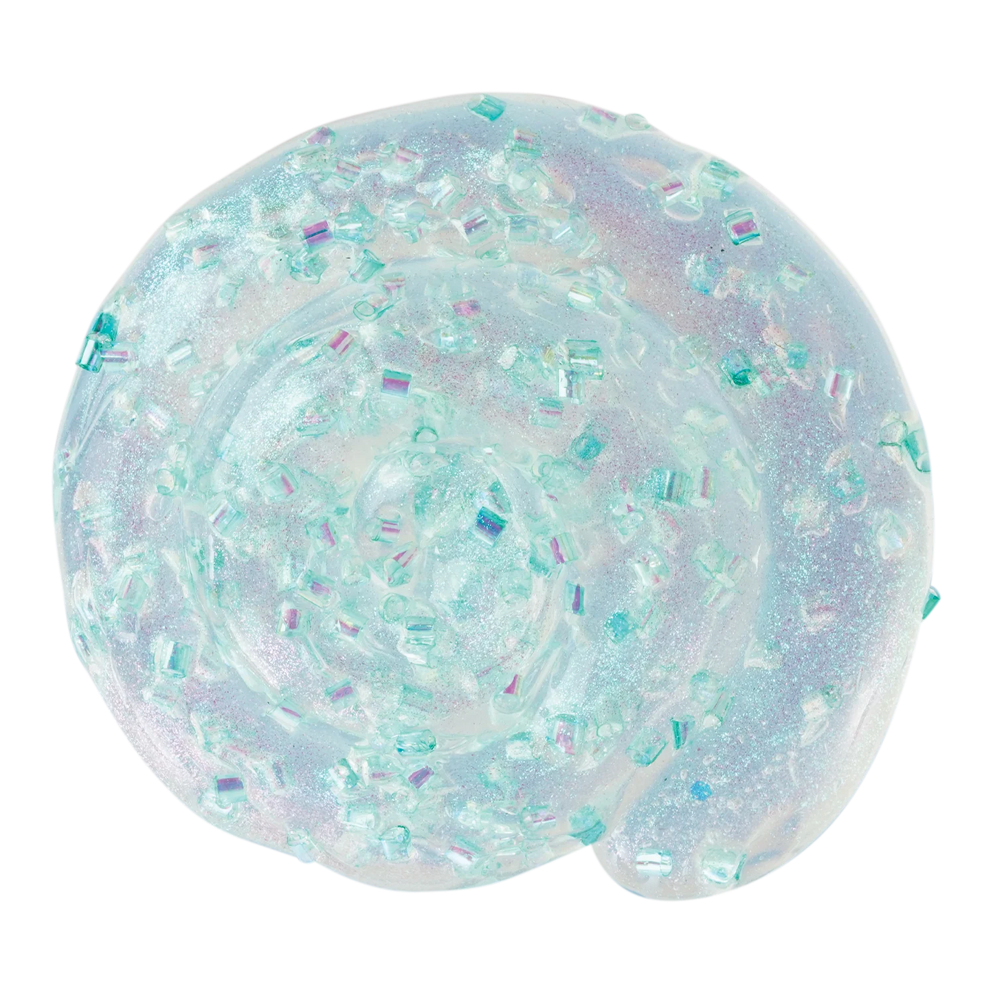 A single ball of translucent, iridescent slime with embedded clear and iridescent square beads, shown on a plain white background. Crazy_Aaaron_GRWN_THINKING_PUTTY