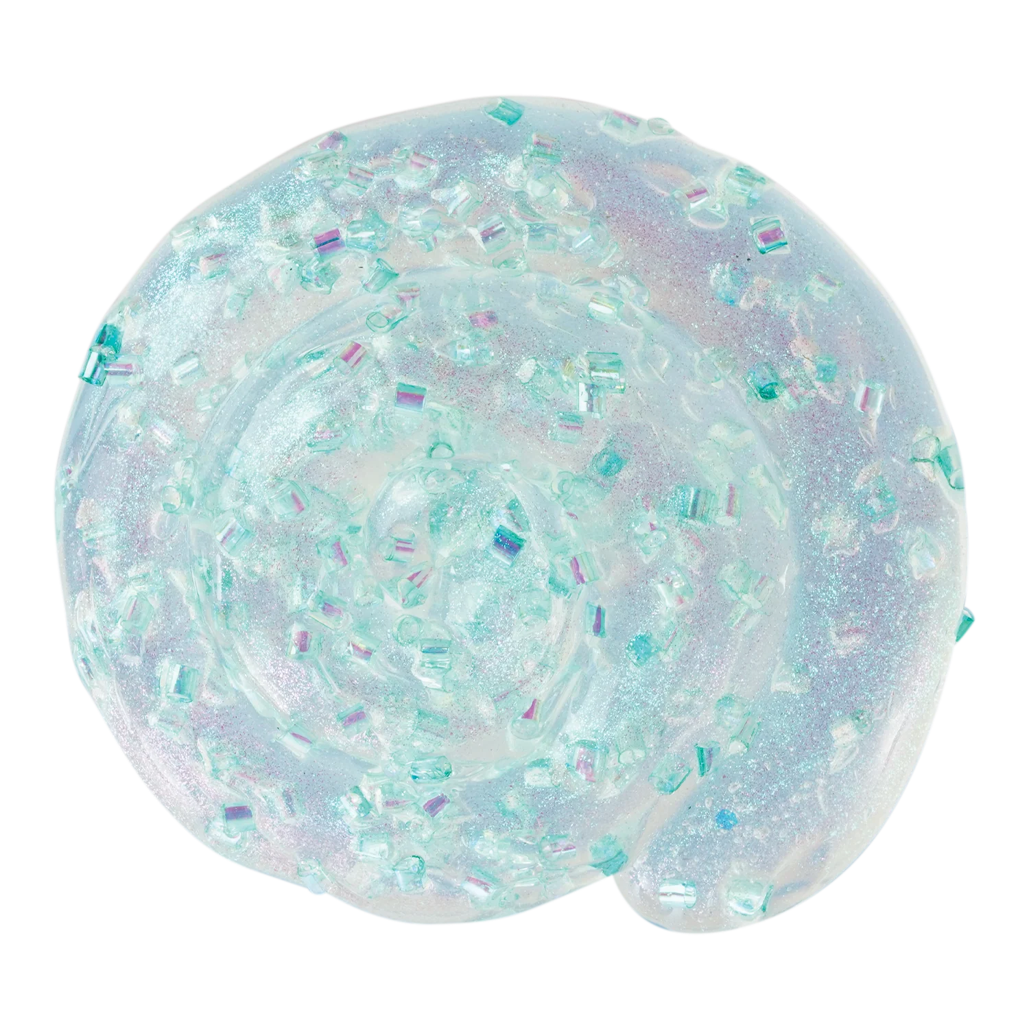 A single ball of translucent, iridescent slime with embedded clear and iridescent square beads, shown on a plain white background. Crazy_Aaaron_GRWN_THINKING_PUTTY