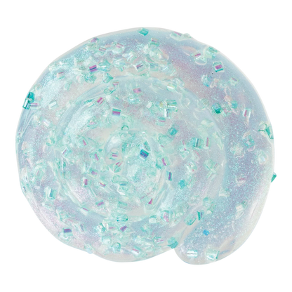 A single ball of translucent, iridescent slime with embedded clear and iridescent square beads, shown on a plain white background. Crazy_Aaaron_GRWN_THINKING_PUTTY