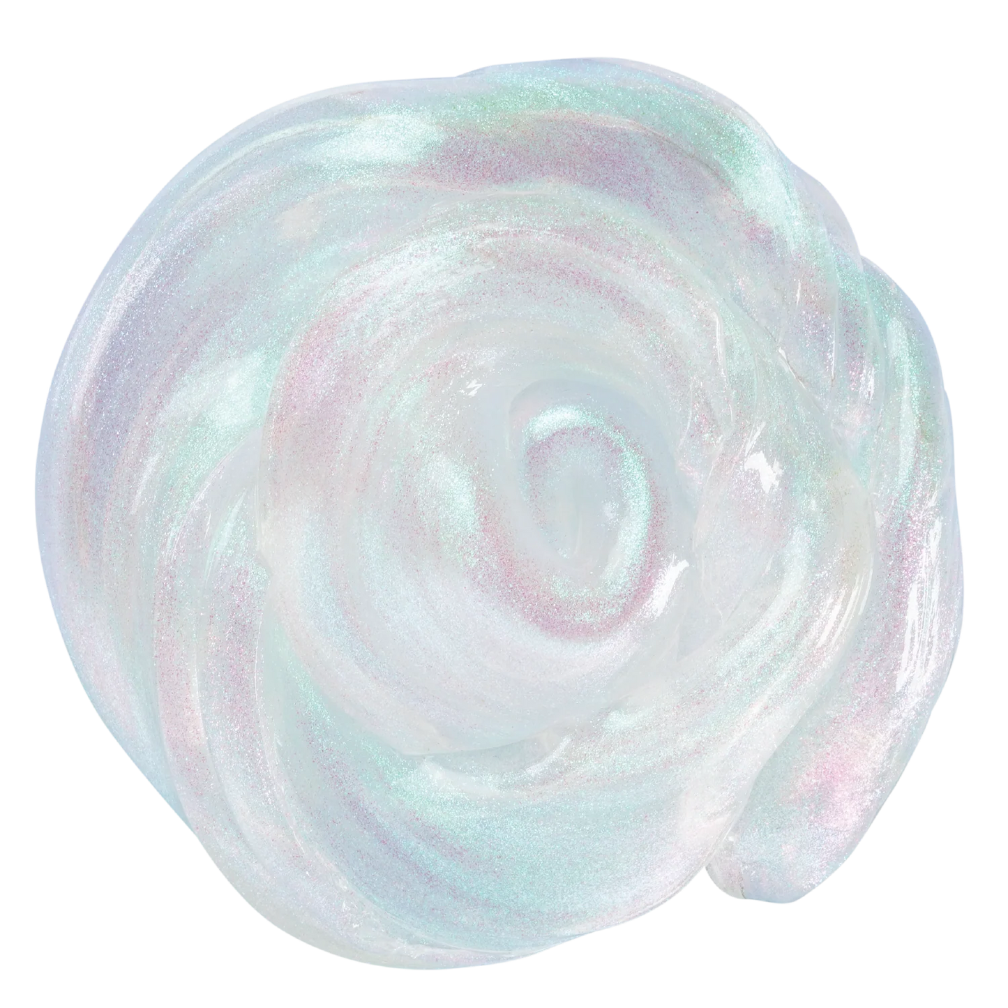A single decorative object with a rounded, flower-like organic shape, shown on a plain white background. The surface has a glossy, iridescent finish with swirling pastel tones of pale aqua, mint, pink, and white. Crazy_Aaron_Get_ready_with_me_hands