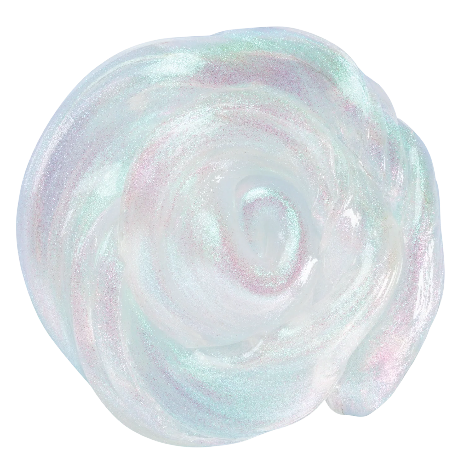 A single decorative object with a rounded, flower-like organic shape, shown on a plain white background. The surface has a glossy, iridescent finish with swirling pastel tones of pale aqua, mint, pink, and white. Crazy_Aaron_Get_ready_with_me_hands