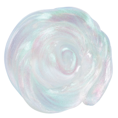 A single decorative object with a rounded, flower-like organic shape, shown on a plain white background. The surface has a glossy, iridescent finish with swirling pastel tones of pale aqua, mint, pink, and white. Crazy_Aaron_Get_ready_with_me_hands